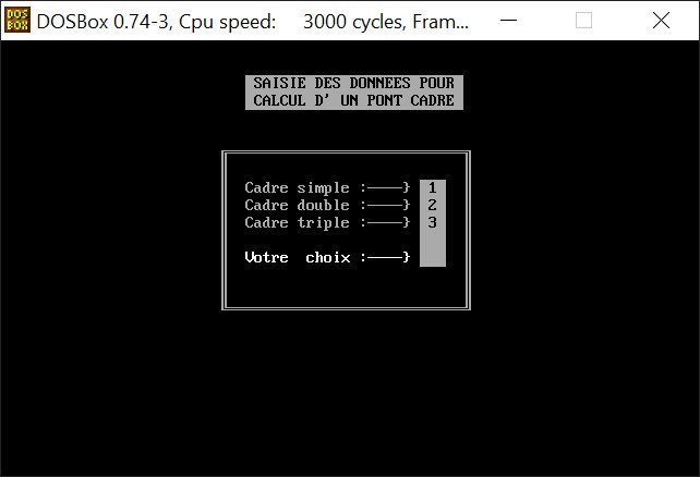 Interface DOS de CAD90 affichant la saisie des paramètres d'un dalot simple