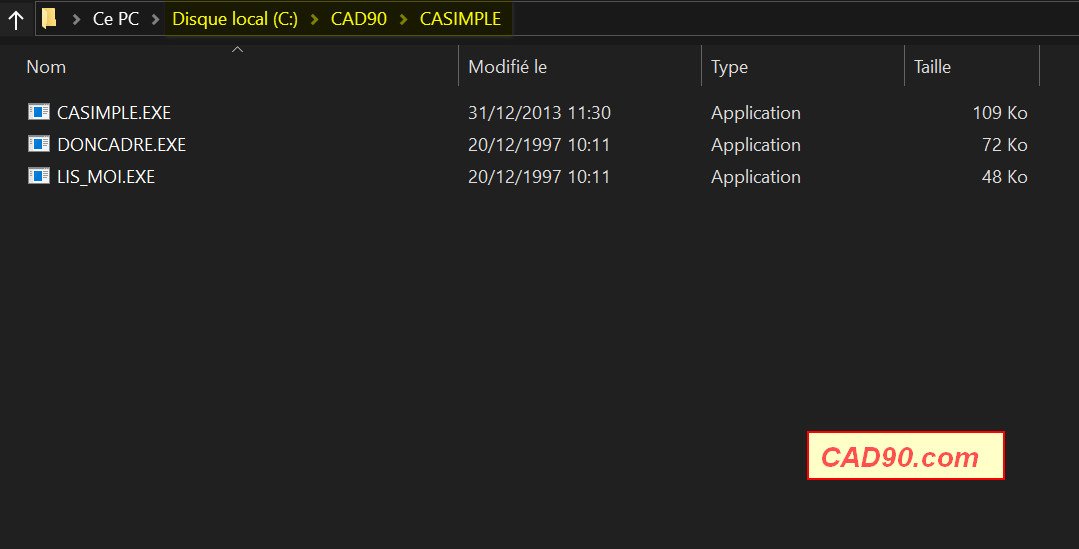 Contenu du dossier CAD90\CASIMPLE dans DOSBox montrant le fichier exécutable DONCADRE