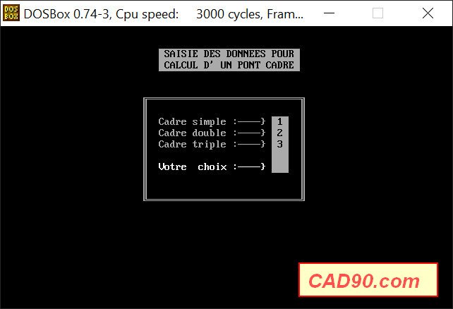 Interface de démarrage de CAD90 après exécution de la commande DONCADRE dans DOSBox