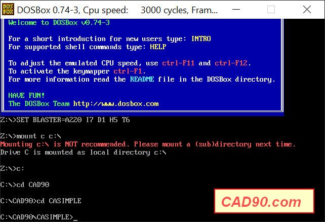 Navigation dans DOSBox vers le dossier C:\CAD90\CASIMPLE