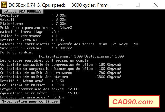 CAD90 — récapitulatif de toutes les données d'entrée avant lancement du calcul