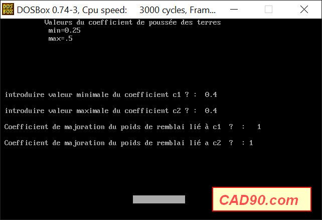 CAD90 — saisie du coefficient de poussée des terres Ka = 0,4, valeur min et max