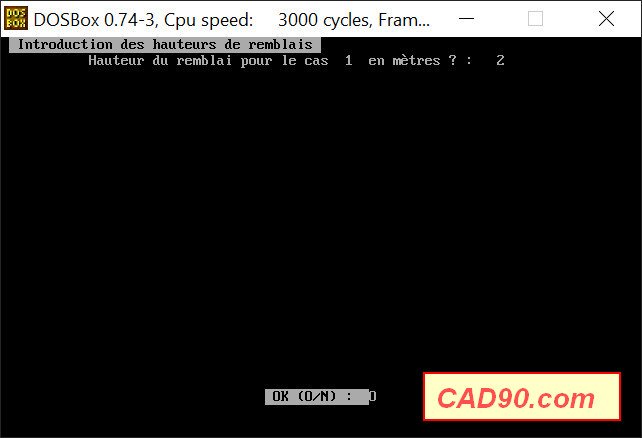 CAD90 — saisie du nombre de cas de remblai et de la hauteur h = 2 m